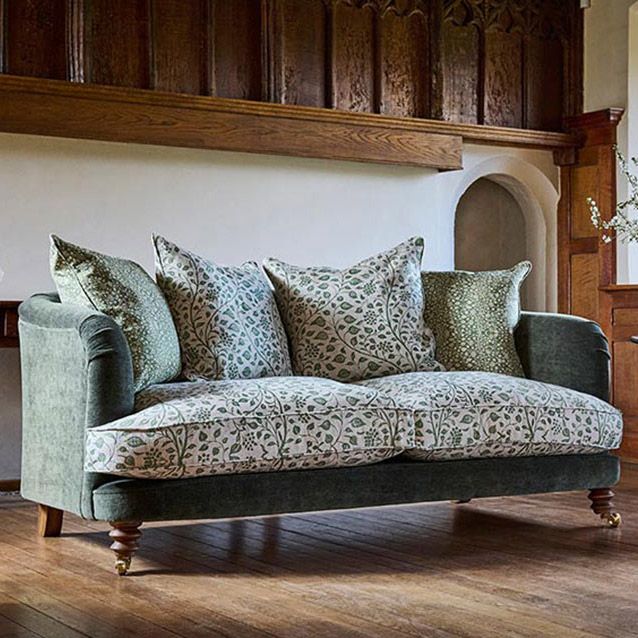 Helmsley 3 Seater Sofa in Mohair Fir with Seat and Back Cushions in Trailing Vine Olive and Small Trailing Ivy Olive